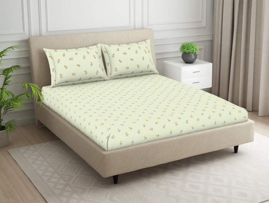 Spaces Essentials 100% Cotton Fitted Bedsheet - Ditsy Light Yellow