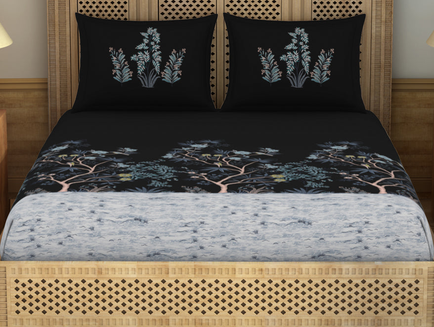 Spaces Gara Floral Dark Grey 100% Cotton King Size Bedsheet - Rangana