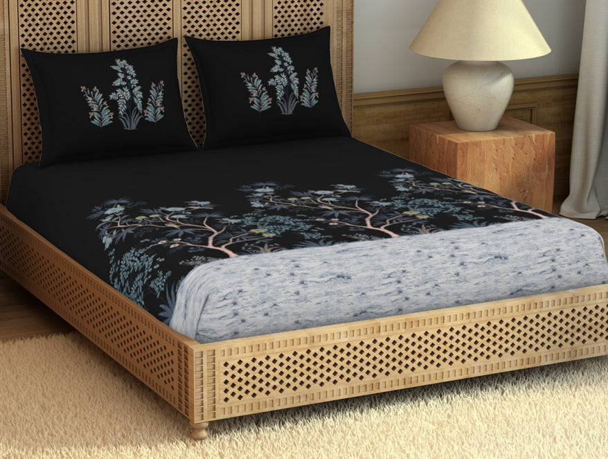 Spaces Gara Floral Dark Grey 100% Cotton King Size Bedsheet - Rangana