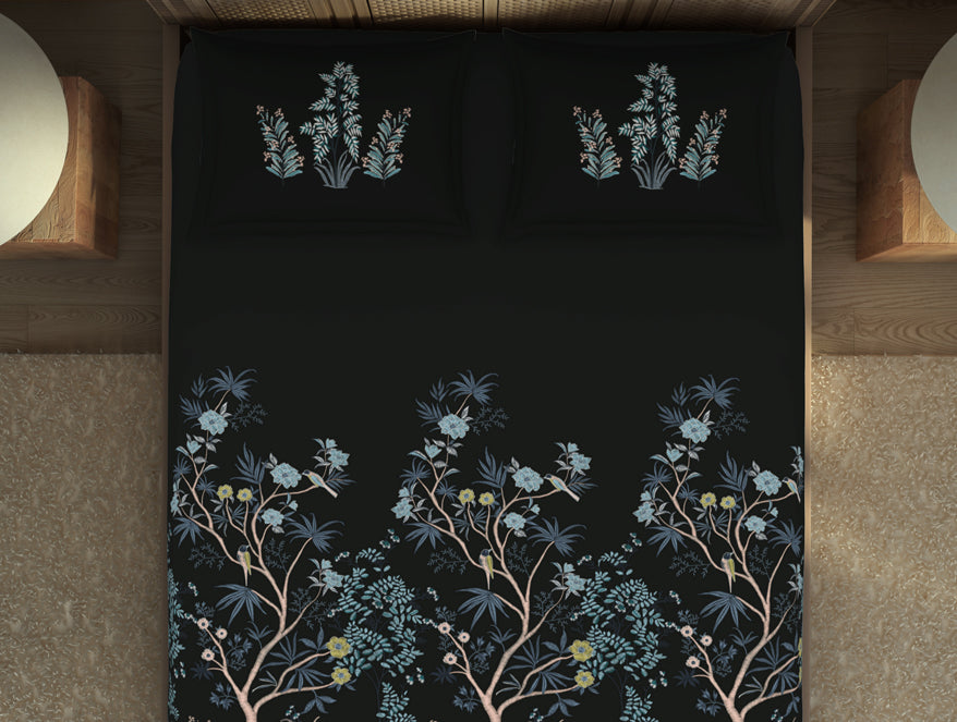 Spaces Gara Floral Dark Grey 100% Cotton King Size Bedsheet - Rangana