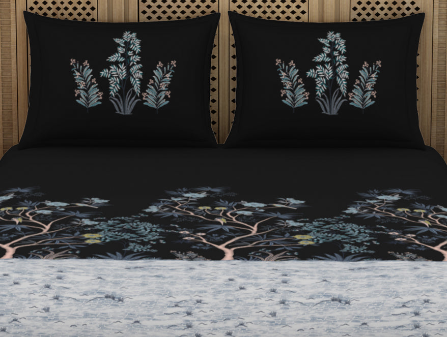 Spaces Gara Floral Dark Grey 100% Cotton King Size Bedsheet - Rangana