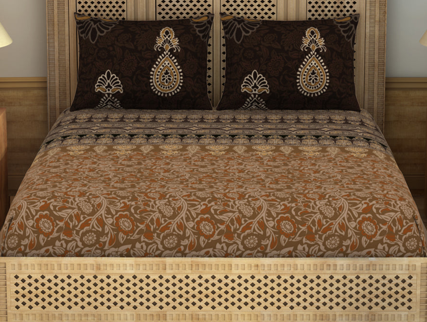 Spaces Ajrak Ornate Dark Brown 100% Cotton King Size Bedsheet - Rangana