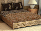 Spaces Ajrak Ornate Dark Brown 100% Cotton King Size Bedsheet - Rangana