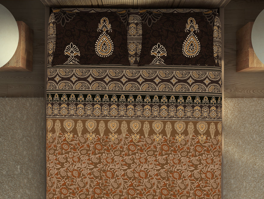Spaces Ajrak Ornate Dark Brown 100% Cotton King Size Bedsheet - Rangana