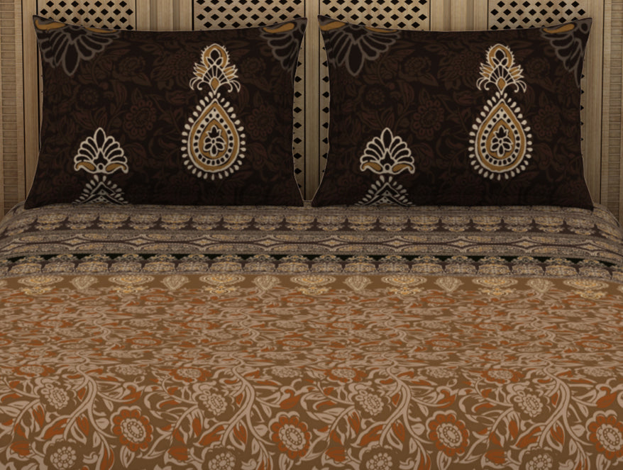 Spaces Ajrak Ornate Dark Brown 100% Cotton King Size Bedsheet - Rangana