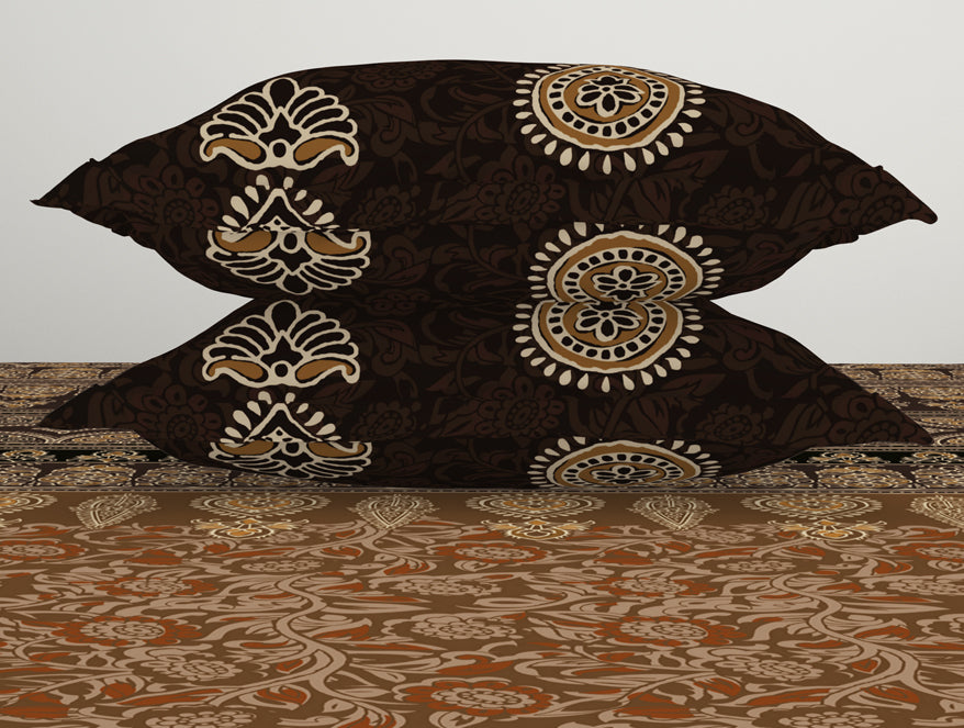 Spaces Ajrak Ornate Dark Brown 100% Cotton King Size Bedsheet - Rangana