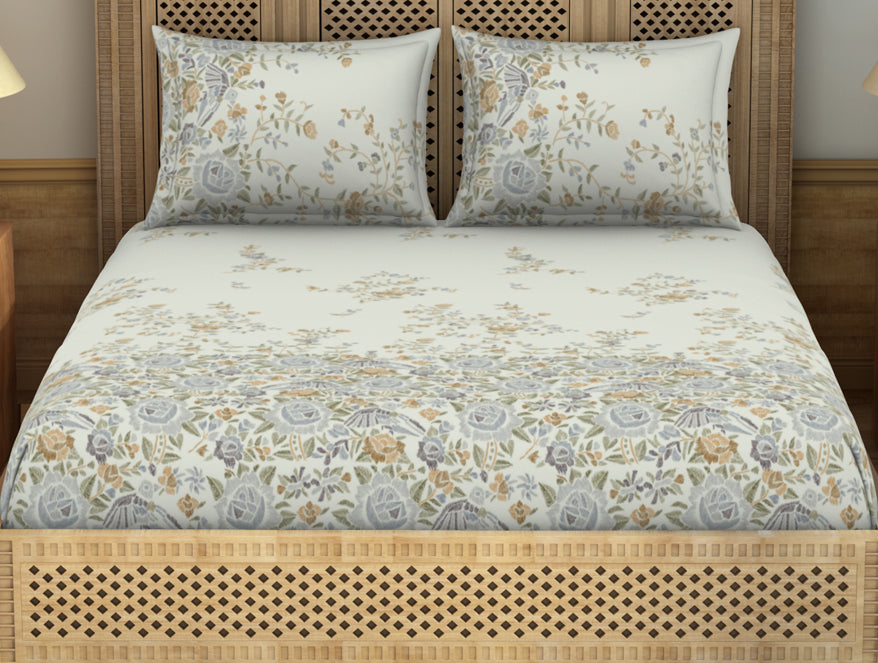 Spaces Gara Floral Light Blue 100% Cotton King Size Bedsheet - Rangana