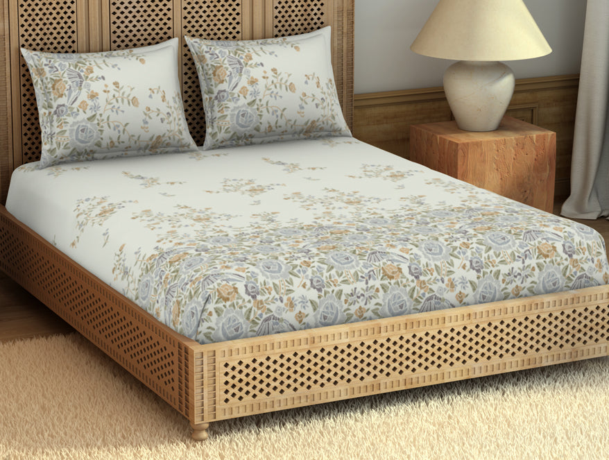 Spaces Gara Floral Light Blue 100% Cotton King Size Bedsheet - Rangana