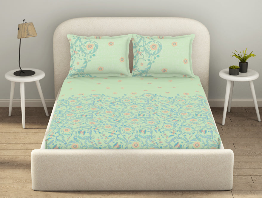 Spaces Essentials 100% Cotton Fitted King Bedsheet, 144 TC, Floral, Light Violet