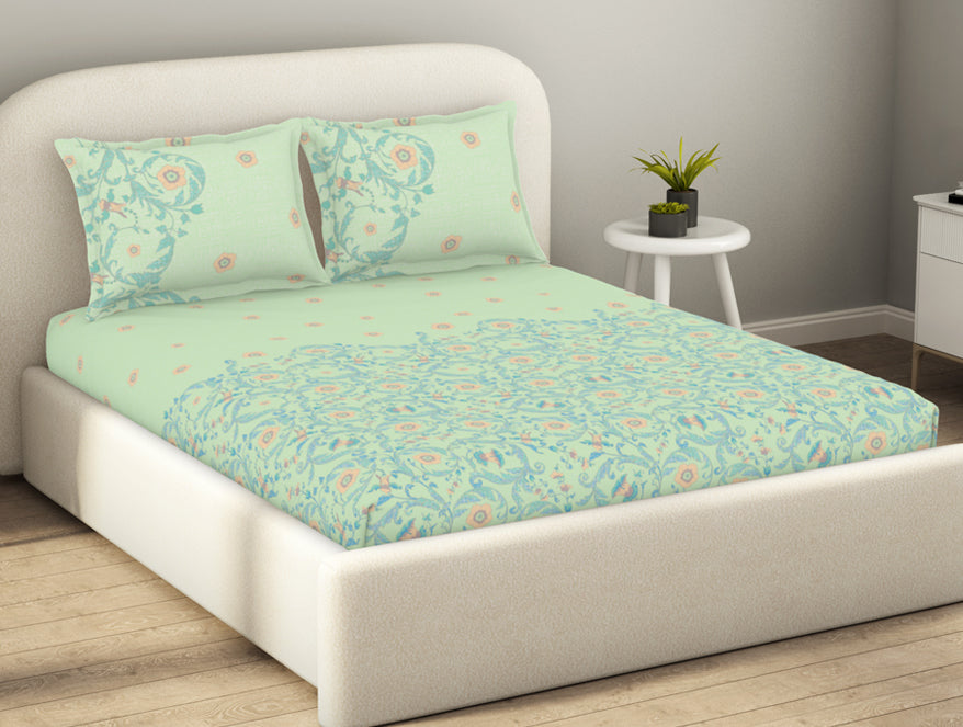 Spaces Essentials 100% Cotton Fitted King Bedsheet, 144 TC, Floral, Light Violet