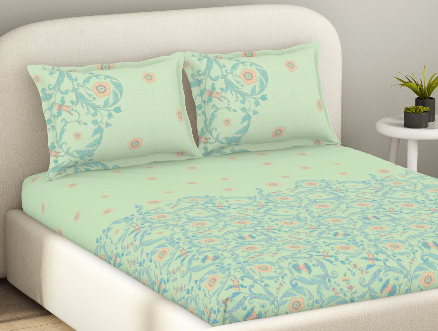 Spaces Essentials 100% Cotton Fitted King Bedsheet, 144 TC, Floral, Light Violet