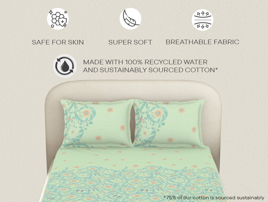 Spaces Essentials 100% Cotton Fitted King Bedsheet, 144 TC, Floral, Light Violet