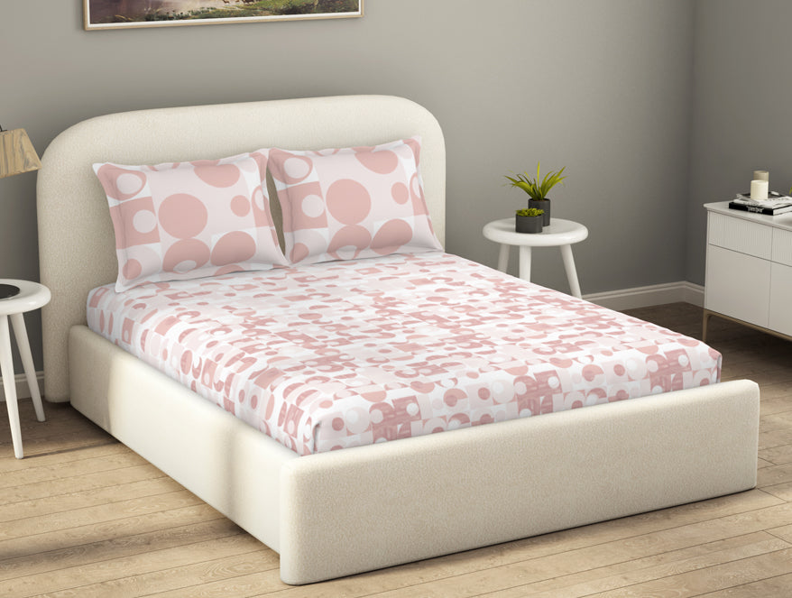 Spaces Essentials 100% Cotton Fitted King Bedsheet, 144 TC, Geometric, Blush