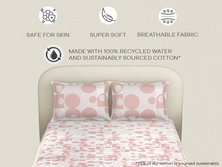 Spaces Essentials 100% Cotton Fitted King Bedsheet, 144 TC, Geometric, Blush