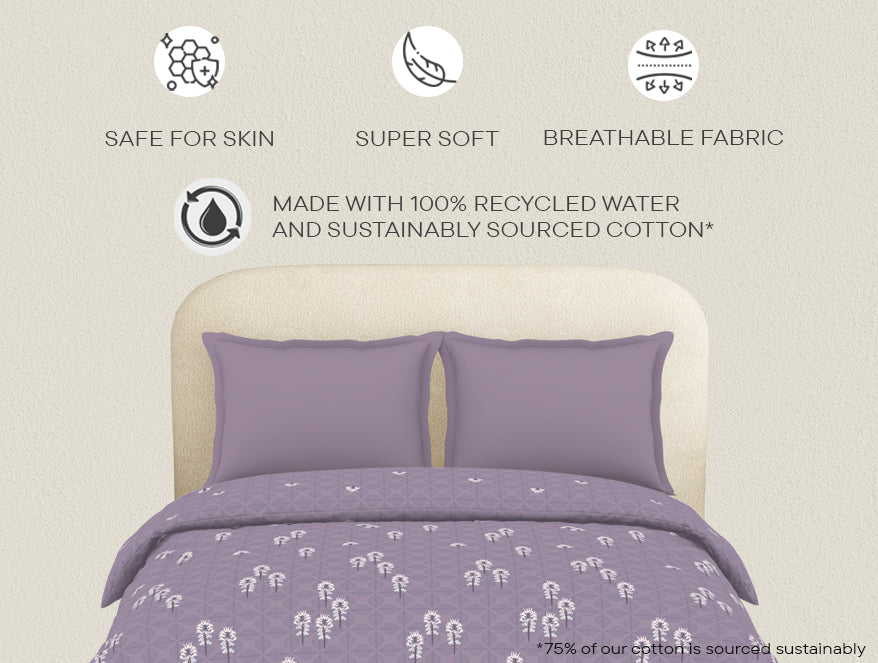 Spaces Essentials 100% Cotton Double Duvet Cover, 144 TC, Floral, Light Violet