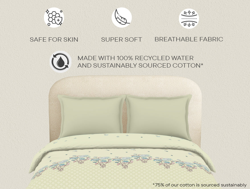 Spaces Essentials 100% Cotton Double Duvet Cover, 144 TC, Floral, Light Yellow