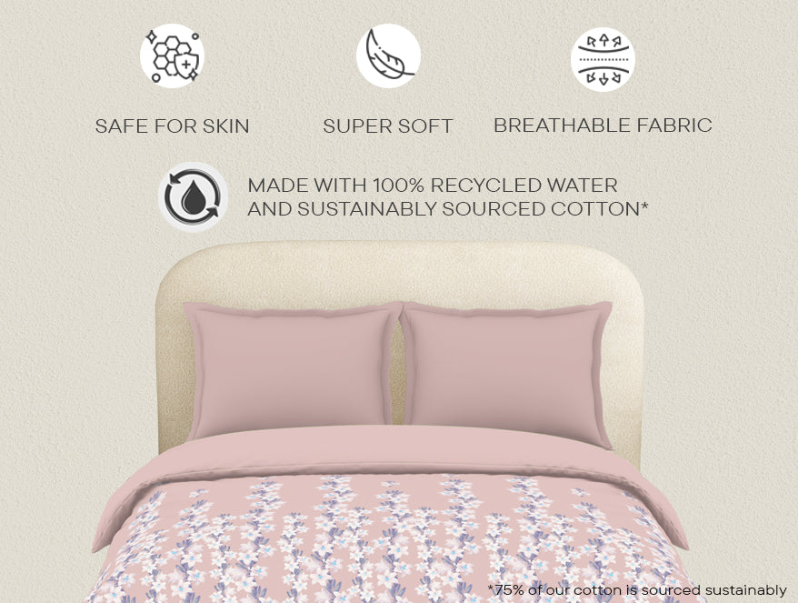 Spaces Essentials 100% Cotton Double Duvet Cover, 144 TC, Floral, Blush