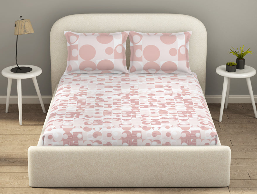 Spaces Essentials 100% Cotton Fitted King Bedsheet, 144 TC, Geometric, Blush
