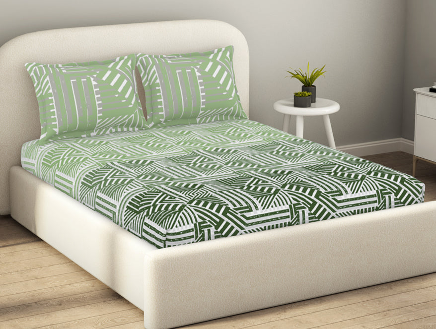 Spaces Essentials 100% Cotton Fitted King Bedsheet, 144 TC, Geometric, Light Aqua