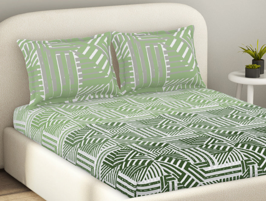 Spaces Essentials 100% Cotton Fitted King Bedsheet, 144 TC, Geometric, Light Aqua