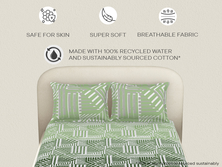 Spaces Essentials 100% Cotton Fitted King Bedsheet, 144 TC, Geometric, Light Aqua