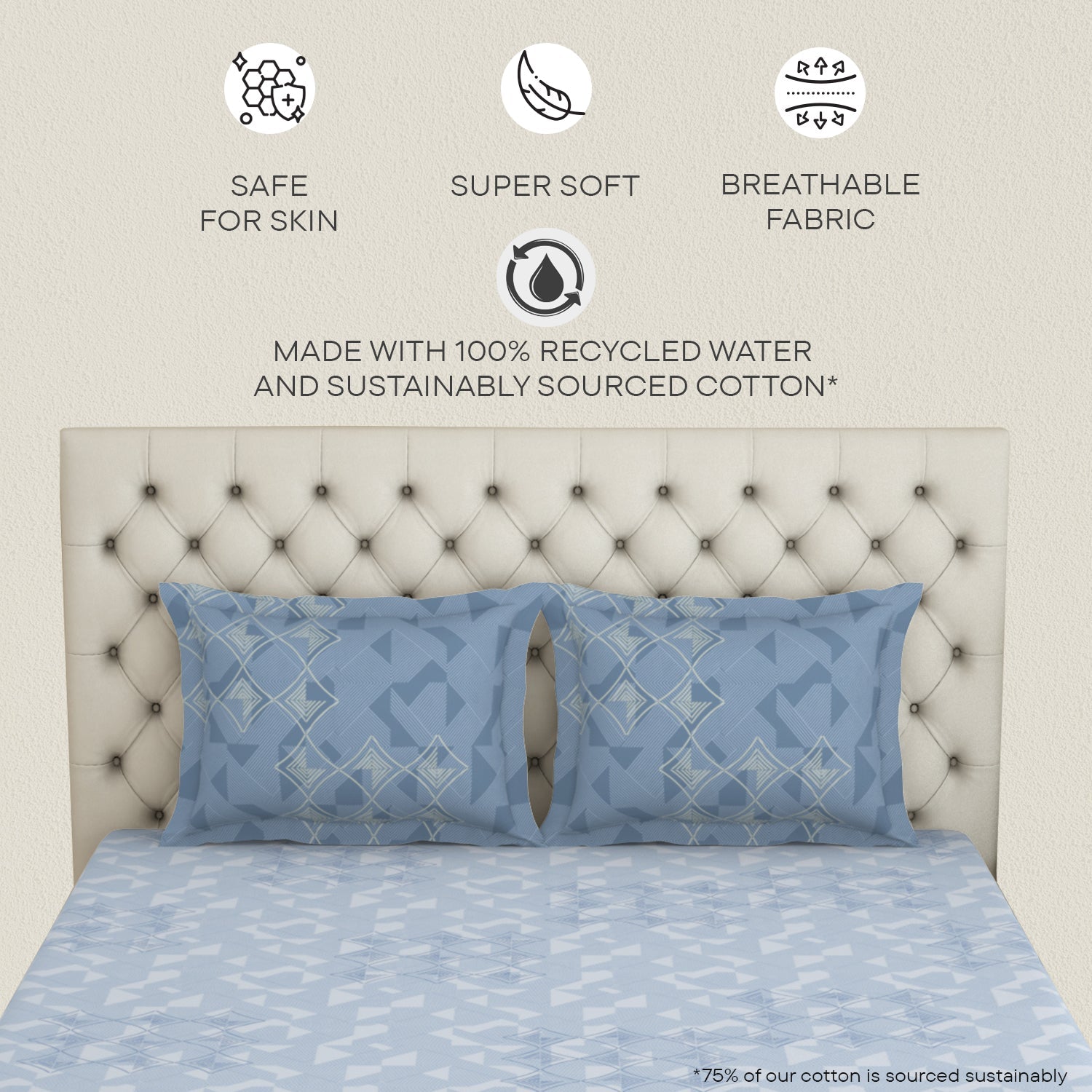 Spaces Essentials Premium Cotton Viscose Large Bedsheet, 138 TC, Geometric, Light Grey