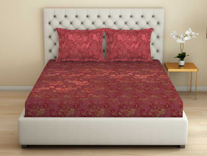 Spaces Essentials Premium Cotton Viscose Large Bedsheet, 138 TC, Floral, Red