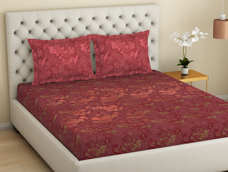 Spaces Essentials Premium Cotton Viscose Large Bedsheet, 138 TC, Floral, Red