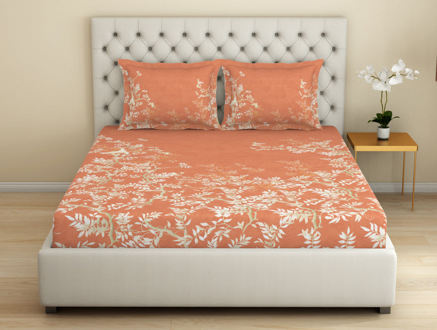 Spaces Essentials Premium Cotton Viscose Large Bedsheet, 138 TC, Floral, Orange