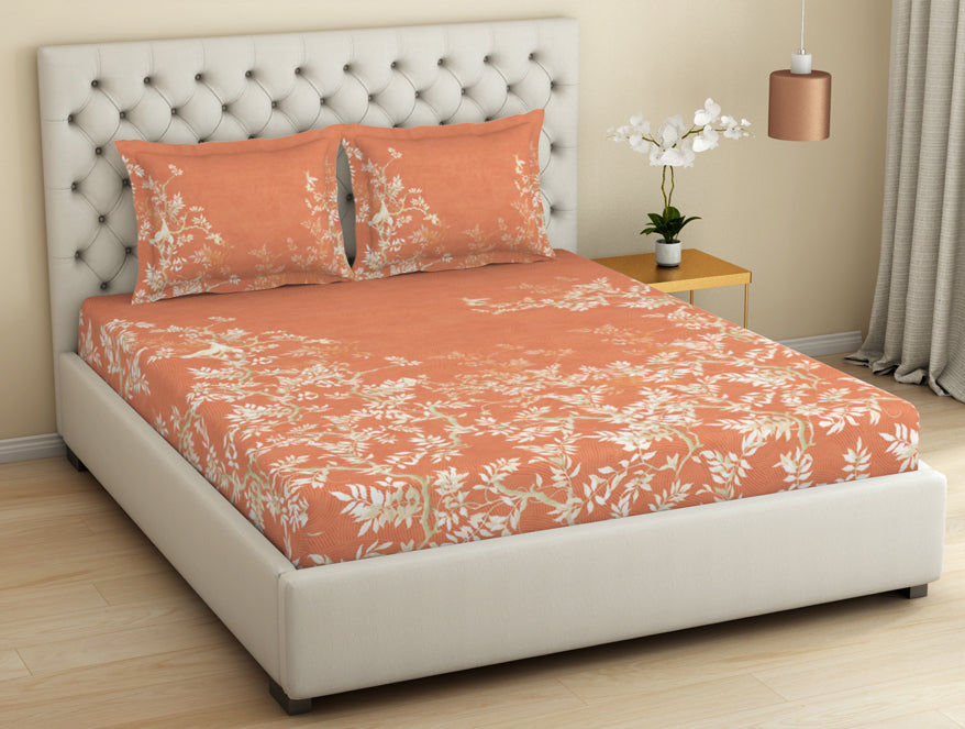 Spaces Essentials Premium Cotton Viscose Large Bedsheet, 138 TC, Floral, Orange