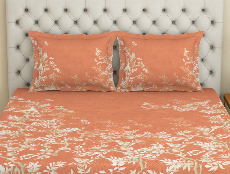 Spaces Essentials Premium Cotton Viscose Large Bedsheet, 138 TC, Floral, Orange