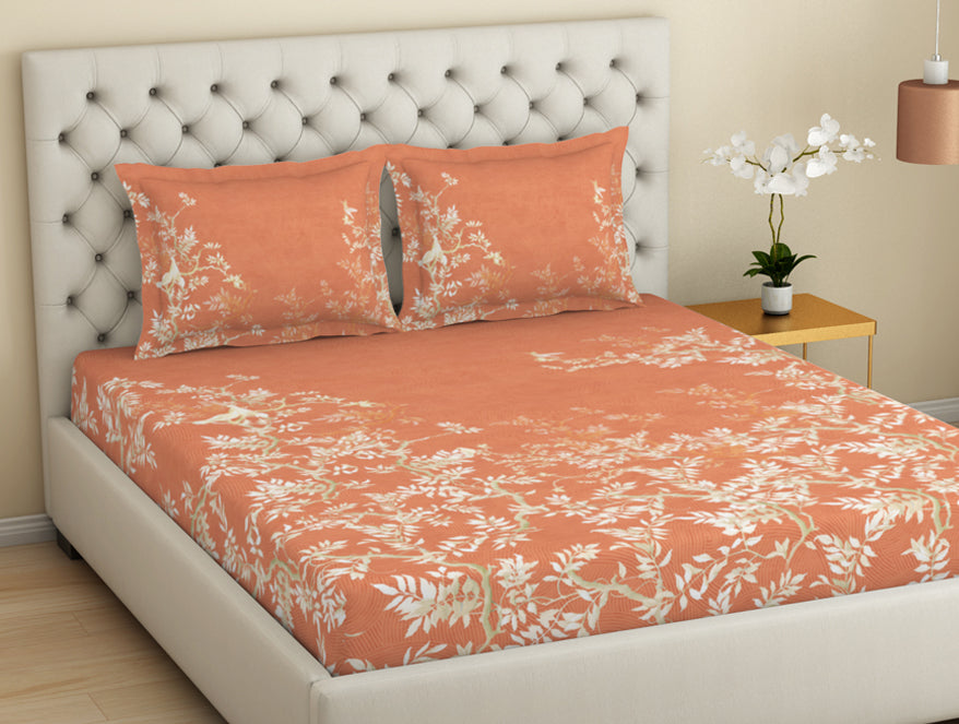 Spaces Essentials Premium Cotton Viscose Large Bedsheet, 138 TC, Floral, Orange