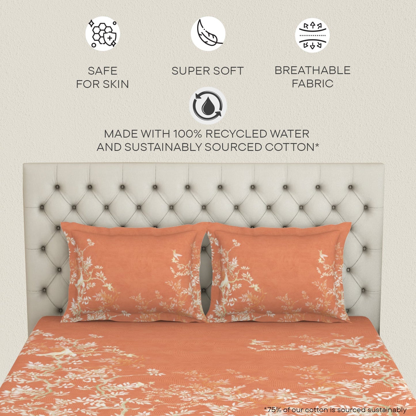 Spaces Essentials Premium Cotton Viscose Large Bedsheet, 138 TC, Floral, Orange