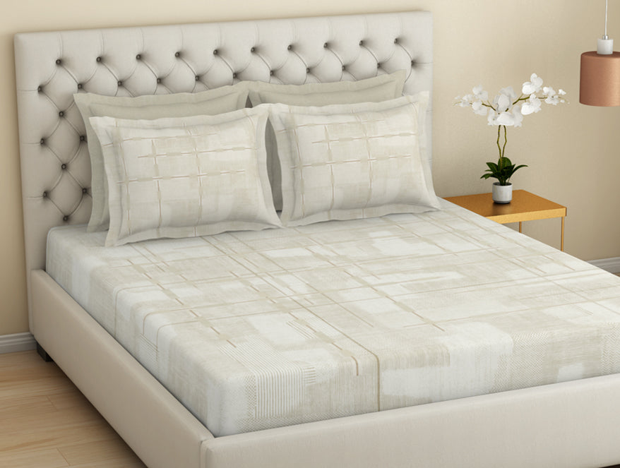 Spaces Essentials Premium 100 % Cotton Large Bedsheet, 180 TC, Geometric, Taupe