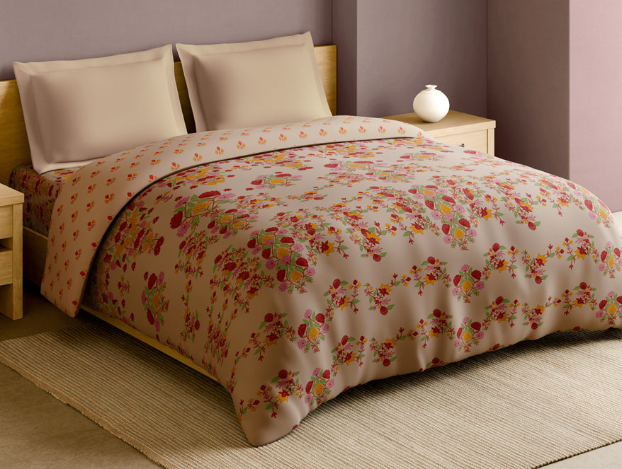 Spaces Rangana Multi 100% Cotton Double Quilt, 210 TC, Floral, Beige