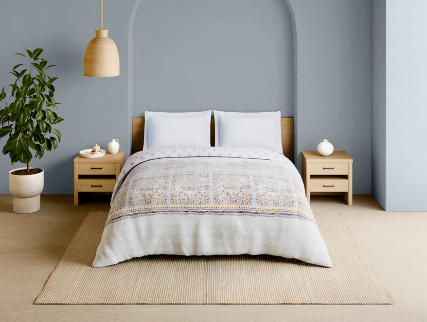 Spaces Rangana Multi 100% Cotton Double Quilt, 210 TC, Ornate, White