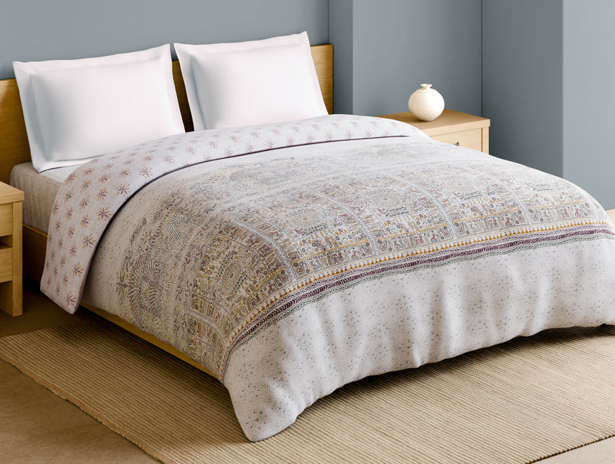 Spaces Rangana Multi 100% Cotton Double Quilt, 210 TC, Ornate, White