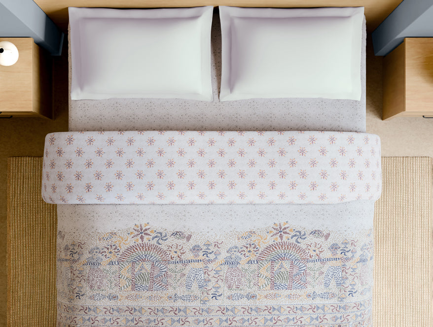 Spaces Rangana Multi 100% Cotton Double Quilt, 210 TC, Ornate, White