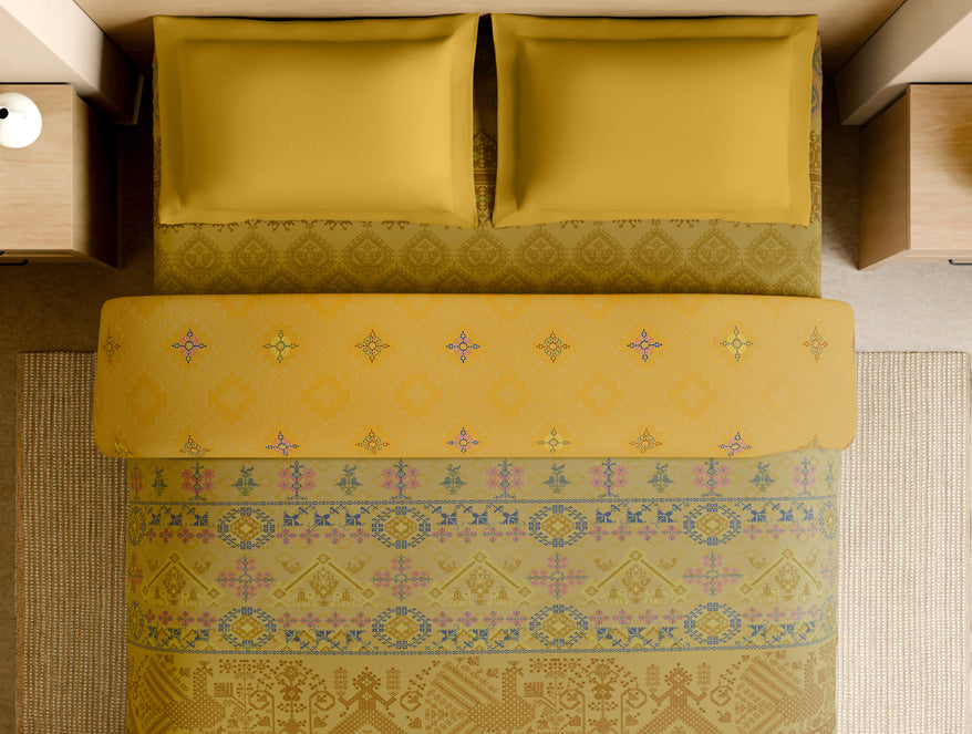 Spaces Rangana Multi 100% Cotton Double Quilt, 210 TC, Geometric, Light Yellow