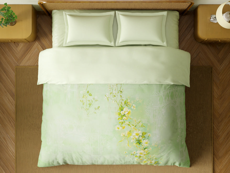 Spaces Organic Cotton Double Quilt, 180 TC, Floral, Light Green