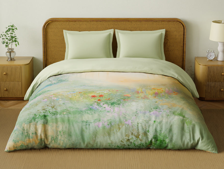 Spaces Organic Cotton Double Quilt, 180 TC, Floral, Light Green