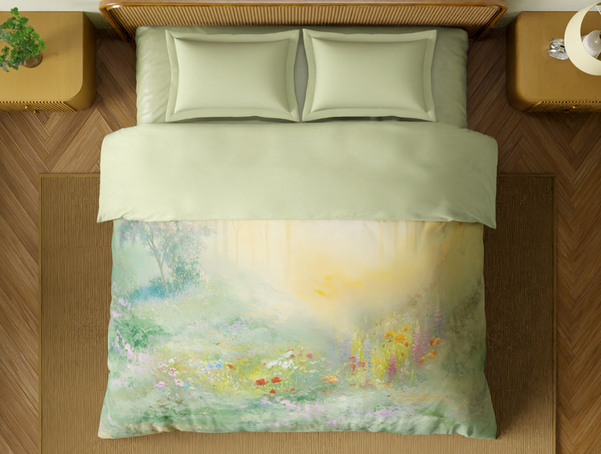 Spaces Organic Cotton Double Quilt, 180 TC, Floral, Light Green