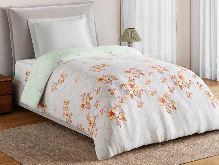 Spaces Essentials 100% Cotton Single Quilt, 144 TC, Floral, Light Grey