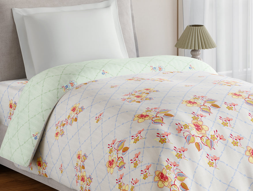 Spaces Essentials 100% Cotton Single Quilt, 144 TC, Floral, Light Grey