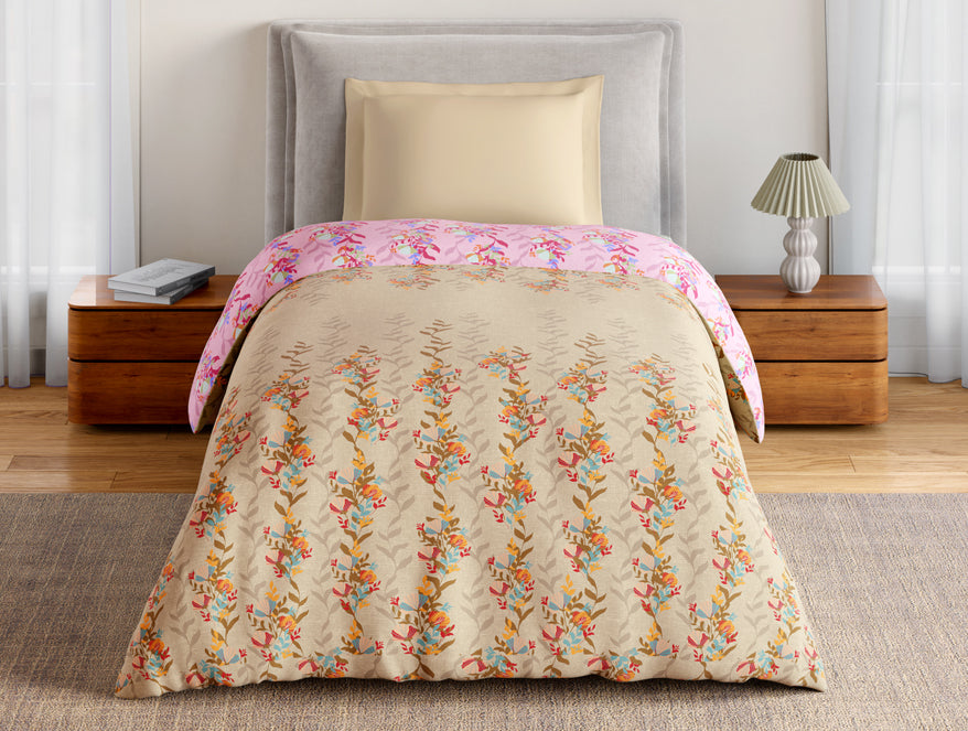 Spaces Essentials 100% Cotton Single Quilt, 144 TC, Floral, Light Taupe