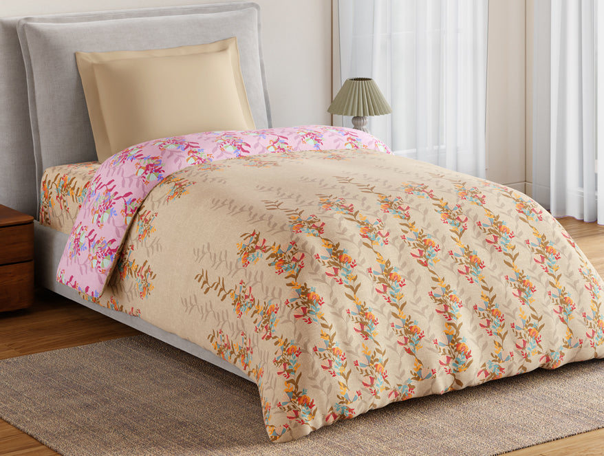 Spaces Essentials 100% Cotton Single Quilt, 144 TC, Floral, Light Taupe