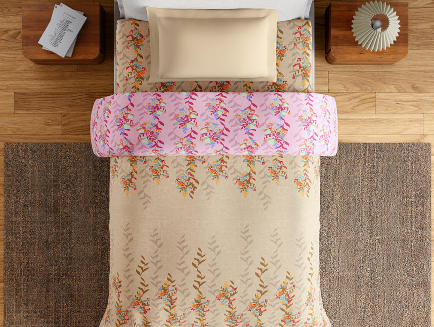 Spaces Essentials 100% Cotton Single Quilt, 144 TC, Floral, Light Taupe