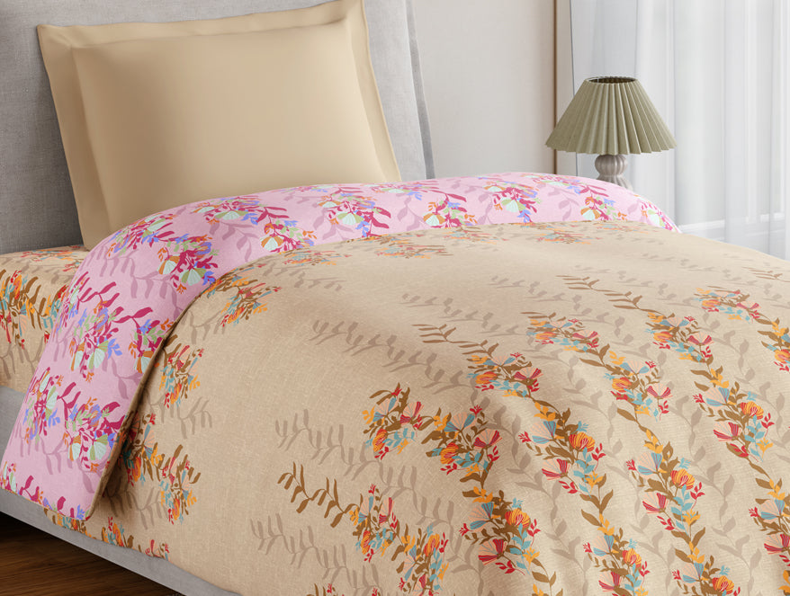 Spaces Essentials 100% Cotton Single Quilt, 144 TC, Floral, Light Taupe