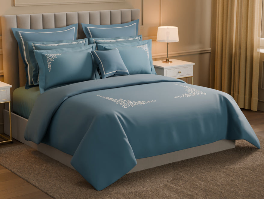 Spaces Luxury Celestia 100% Cotton Double Duvet Cover, 800 TC, Embroidered, Dark Blue