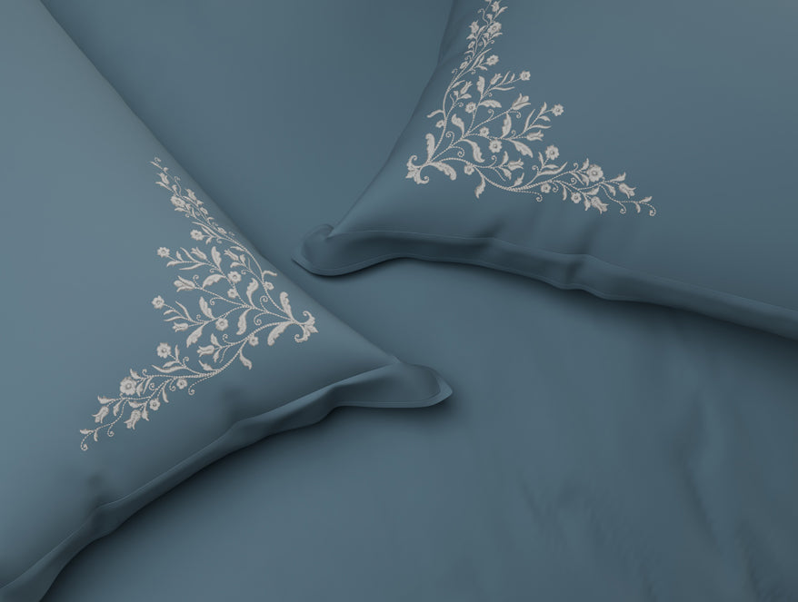 Spaces Luxury Celestia 100% Cotton Double Duvet Cover, 800 TC, Embroidered, Dark Blue